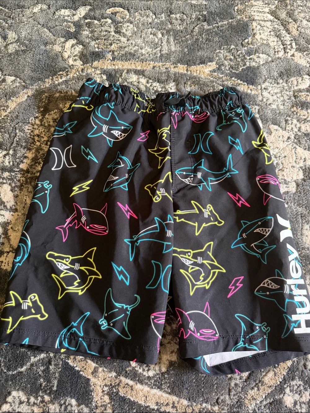 Hurley Black Swim Shorts with Neon Aqua, Yellow & Pink Shark Print kids size 7/8